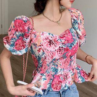 Short-sleeve Floral Print Bow-back Crop Top Pink Floral - White - One Size