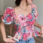 Short-sleeve Floral Print Bow-back Crop Top Pink Floral - White - One Size