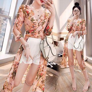 Set: Elbow-sleeve Floral Chiffon Long Top + Shorts