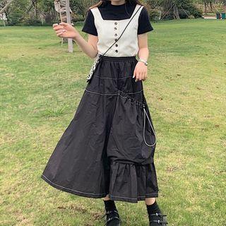Buttoned Tank Top / Tiered Maxi A-line Skirt / Short-sleeve T-shirt