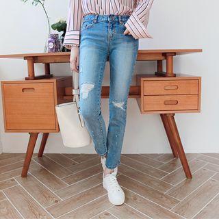 Paint-splatter Distressed Straight-cut Jeans
