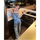 Strapless Denim Layered Top / High Waist Wide Leg Jeans