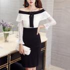 Off-shoulder Long-sleeve Lace Panel Sheath Dress