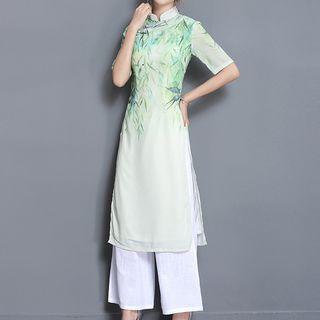 Set: Printed Short Sleeve Side Slit Qipao + Plain Wide Leg Pants