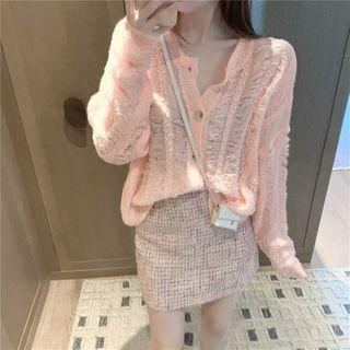 Perforated Cardigan / Tweed Mini Fitted Skirt