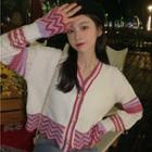 Long-sleeve Geometric Print Button-up Cropped Cardigan White & Pink - One Size