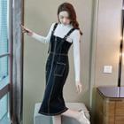 Long-sleeve Plain Top / Midi Denim Jumper Dress
