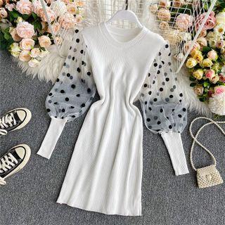 Dotted Mesh Panel Slim-cut Long-sleeve Knit Dress