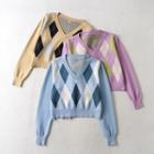 V-neck Argyle Cropped Sweater