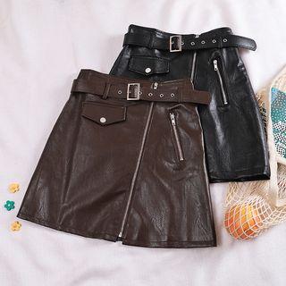 Zip Faux Leather A-line Skirt + Belt