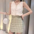Sleeveless Lace Buttoned Top / Plaid Mini Pencil Skirt