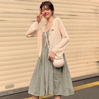 Light Jacket / Spaghetti Strap Plaid Dress