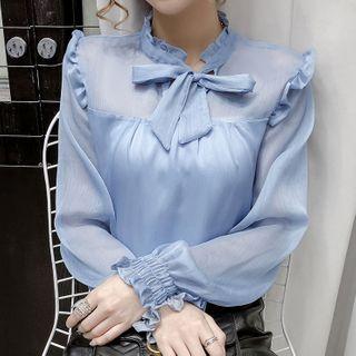 Long-sleeve Ruffled Tie-neck Chiffon Blouse