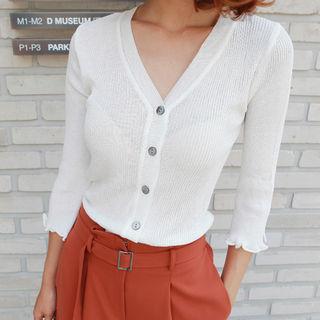 V-neck 3/4-sleeve Frill-trim Cardigan