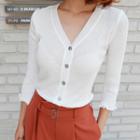 V-neck 3/4-sleeve Frill-trim Cardigan