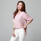 V-neck Elbow-sleeve Colored T-shirt