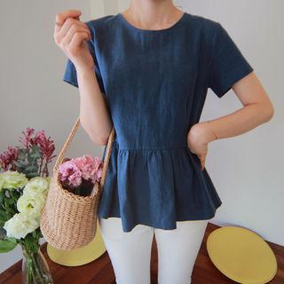 Short-sleeve Ruffle-hem Linen Top