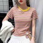 Short-sleeve Cutout Striped Drawstring T-shirt