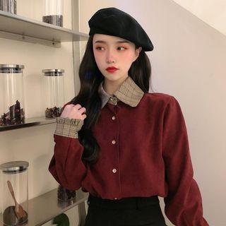 Plaid Panel Puff-sleeve Blouse