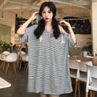 Elbow-sleeve Hooded Striped T-shirt Dress