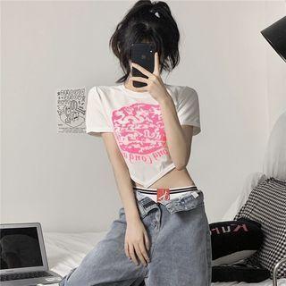 Short-sleeve Cartoon Print Cropped T-shirt Cartoon Print - White - One Size