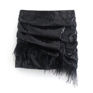 Fluffy Trim Sequined Mini Pencil Skirt