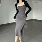 Set: Spaghetti Strap Slit Midi Sheath Dress + Shrug