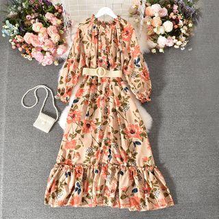 Long-sleeve Printed A-line Dress Pink - One Size