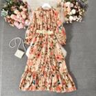 Long-sleeve Printed A-line Dress Pink - One Size