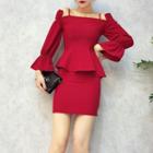 Set: Plain Off Shoulder Long Sleeve Top + Plain Pencil Skirt