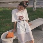 Printed Fishnet Panel Elbow Sleeve T-shirt Dress