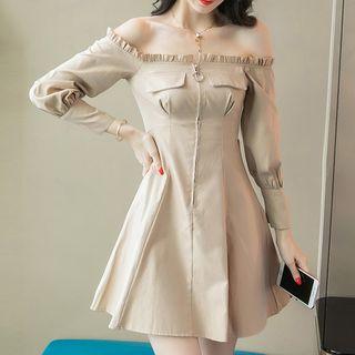Long-sleeve Frilled Off-shoulder Mini A-line Dress