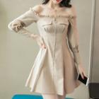 Long-sleeve Frilled Off-shoulder Mini A-line Dress