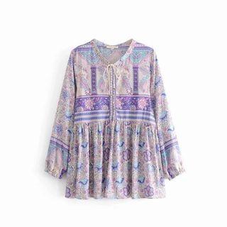 Tie-neck Floral Blouse / Midi A-line Skirt