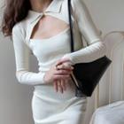 Long-sleeve Collared Cutout Knit Sheath Dress
