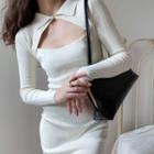 Long-sleeve Collared Cutout Knit Sheath Dress