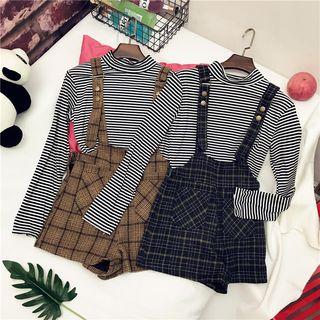 Set: Turtleneck Pinstripe Top + Plaid Jumper Shorts