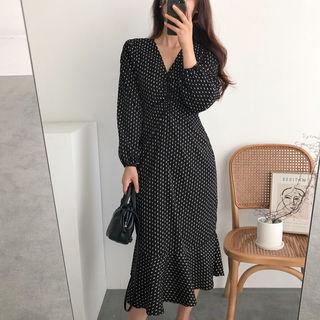 V-neck Shirred-trim Pattern Midi Dress