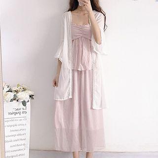Open-front Jacket / Plain Camisole Top / Cropped Wide-leg Pants