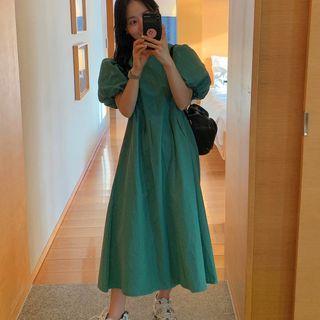 Short-sleeve Plain A-line Dress Green - One Size
