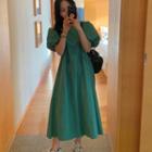 Short-sleeve Plain A-line Dress Green - One Size