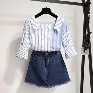 Set: Short-sleeve Striped Top + Denim Shorts
