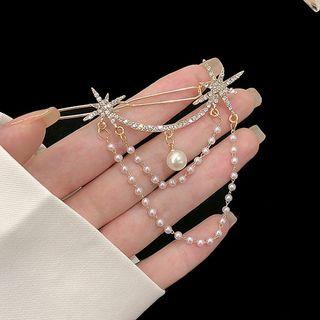 Rhinestone Star Beaded Hair Stick 1pc - Gold & White - One Size
