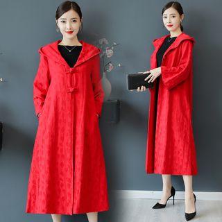 Hooded A-line Frog-button Long Jacket