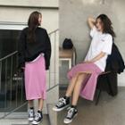 Embroidered Short-sleeve T-shirt / Slit Midi Skirt