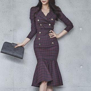 Set: Strappy Plaid Midi Sheath Dress + Jacket
