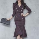 Set: Strappy Plaid Midi Sheath Dress + Jacket