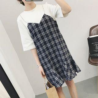 Elbow-sleeve Mock Two Piece Plaid Dress