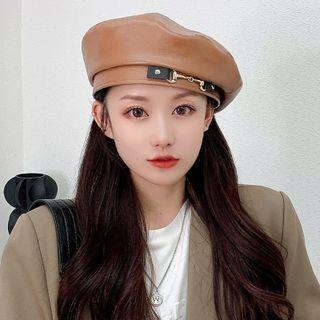 Faux Leather Chained Beret E-290 - Coffee - One Size