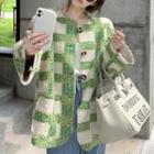 Color-block Plaid Faux Shearling Long-sleeve Jacket Green - One Size